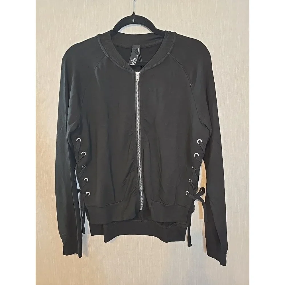 bobi zip front jacket‎ Black Lace up sides Stretch Long Sleeve Size S New